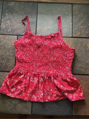 Red Floral Smocked Peplum Tank Top - juniors
